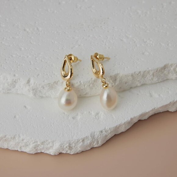 18K Gold Plated Freshwater Pearl Dangle Earrings for Women Wedding Gift - Picture 2 of 9